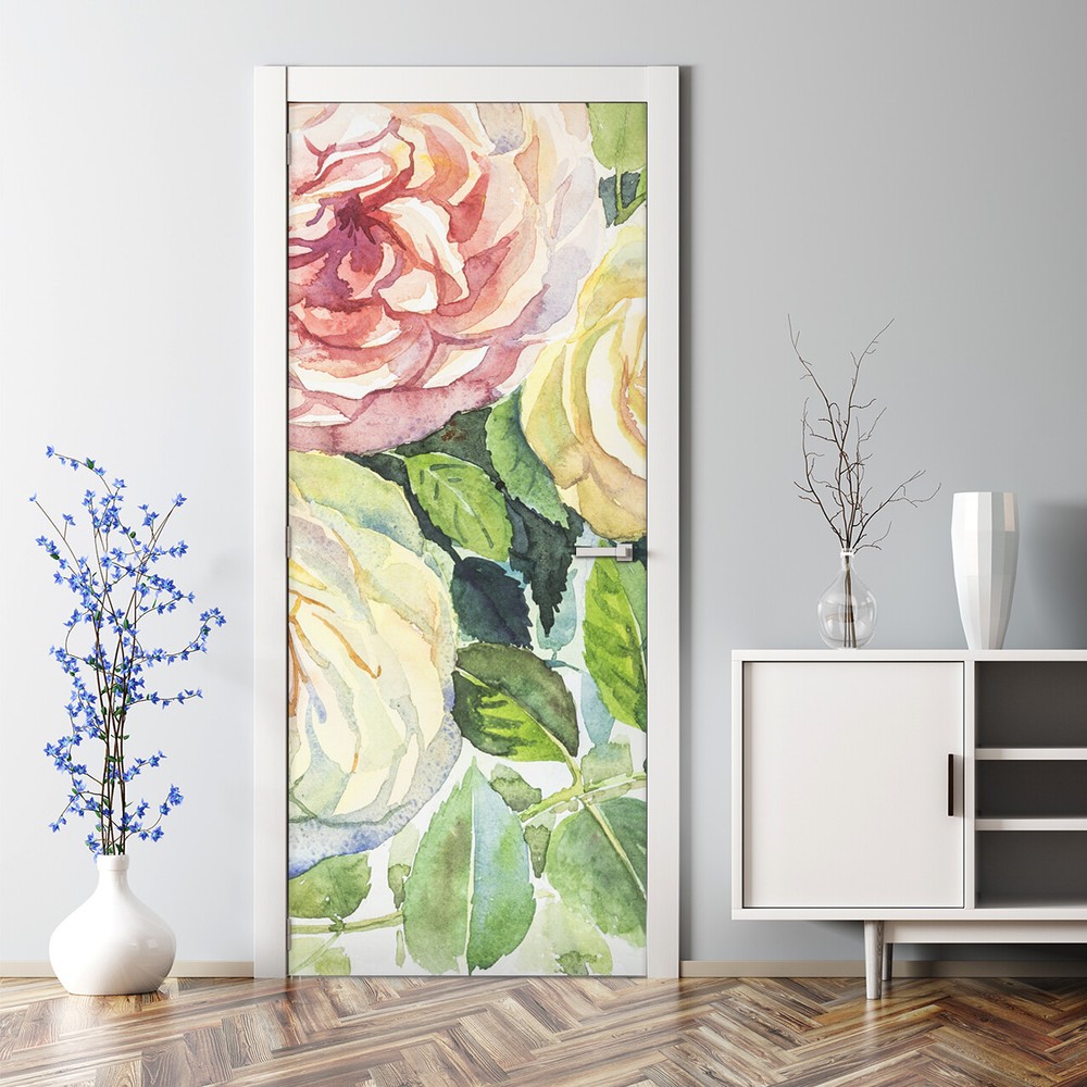 Door Decal Sticker Watercolour Painting Roses Flowers Nature Floral Painting
