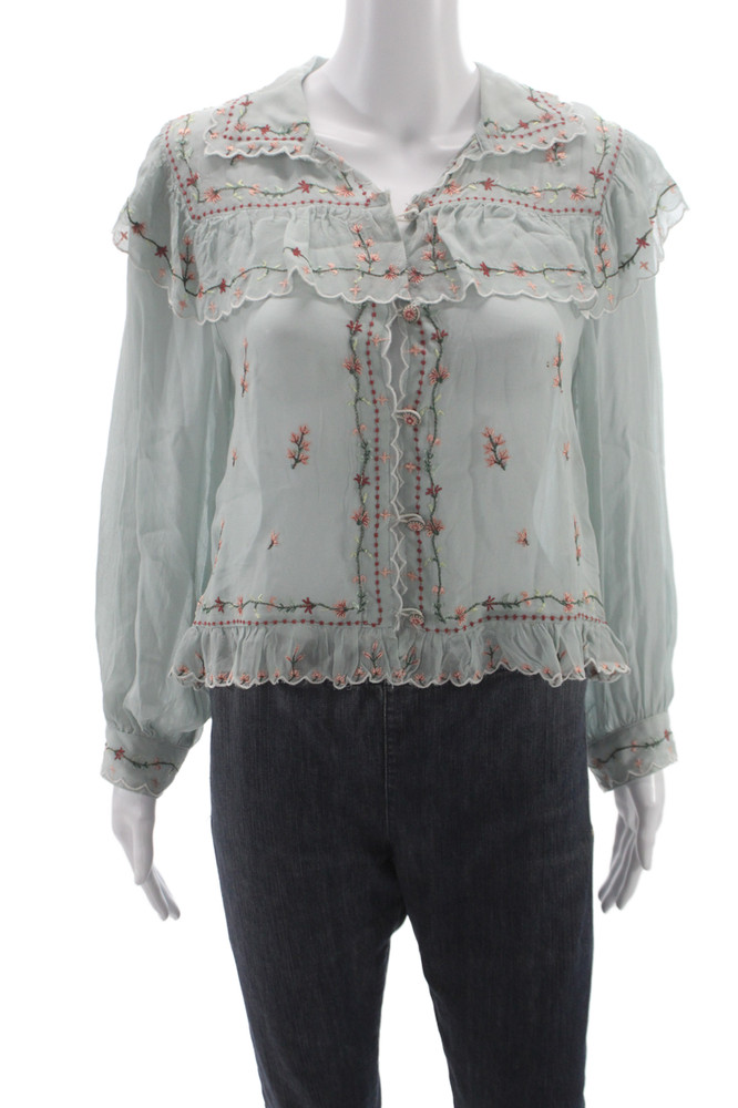 Zara Woman Women Basic Floral Collared Long Sleeve Button Blouse Green Size SFree Shipping in US $100+ Orders | $6.95 Orders Below