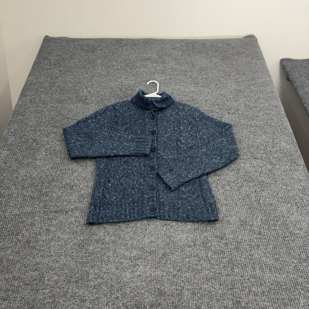 LL Bean Cardigan Women S Blue Wool Blend Cable Knit Mock Neck Button Up Classic