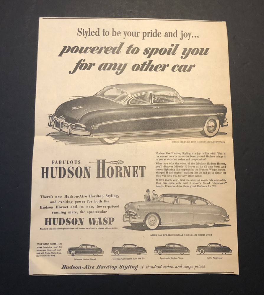 Vintage 1950’s Newspaper Ad Hudson Hornet Car Automobile Ad 0C25
