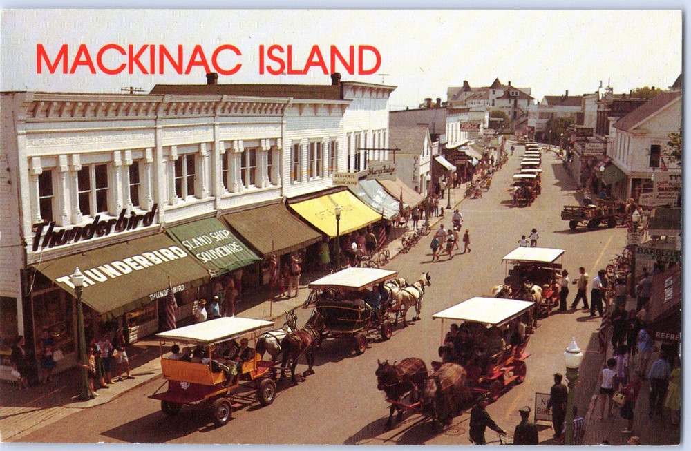 MI Mackinac Island Horse Drawn Carriages Thunderbird Mary's Fudge Postcard