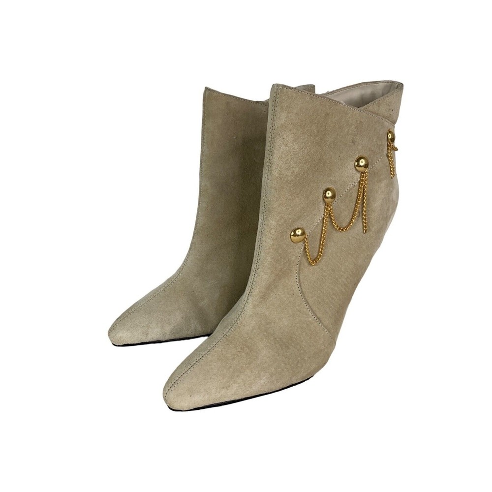 Beige Suede Ankle Boots with Gold Chain & Studs Women's Size 7.5