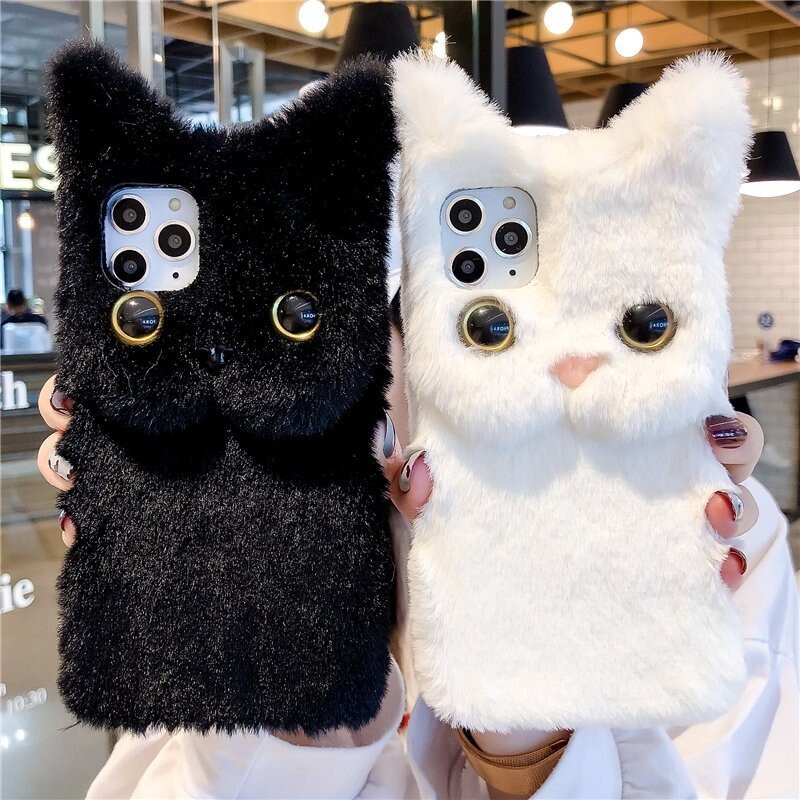 Case For iphone Samsung Cute Plush Cat Shell Fluffy Shockproof Soft Phone Covers