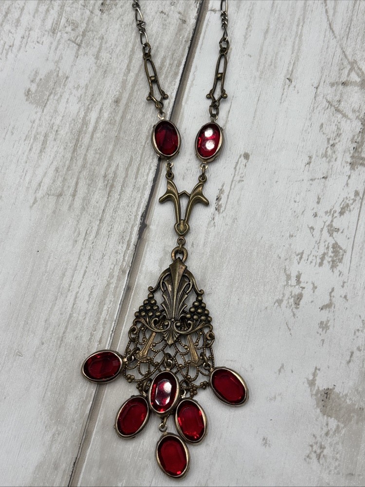 Vintage Brass Sadie Green Style Red Glass Victorian Gothic Chandelier Necklace