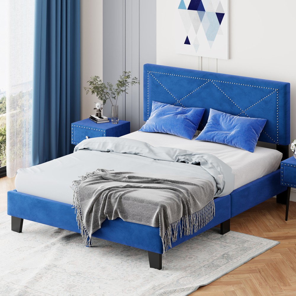 Simple Queen Size Upholstered Bed Frame with Rivet Design, Modern Velvet Platfor