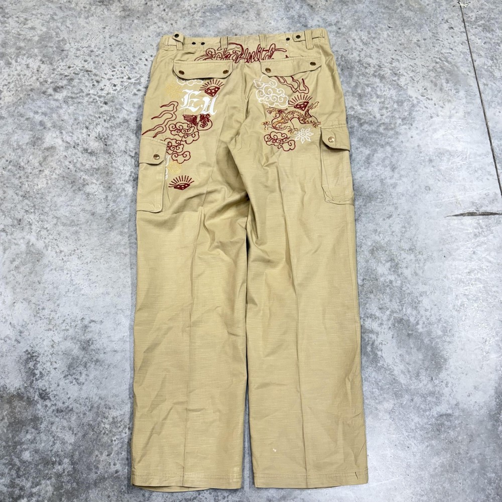 Ecko Unltd Pants Mens 36x30 Beige Cargo Baggy Wide Leg Dragon Embroidered Y2K