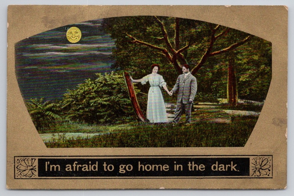 Vintage Theochrom Postcard Couple Afraid to Go Home in Dark Moon German Print