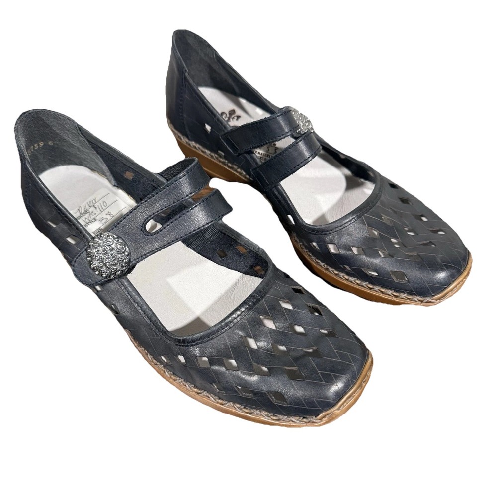 Rieker Drayton Mary Jane Square Toe Leather Loafers Womens 38 US 8 Black Preppy