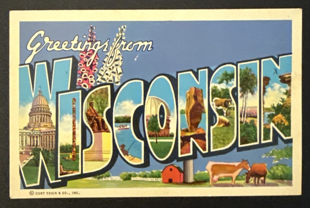 1940s WISCONSIN Large Letter Greetings Postcard Multi-View Curteich Linen Unused