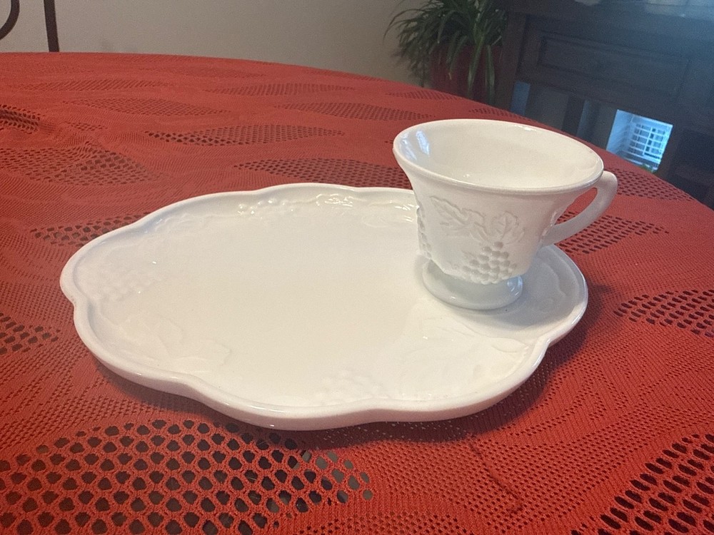 Indiana White Milk Glass Colonial Grape Harvest Snack Luncheon Cup & Plate Set