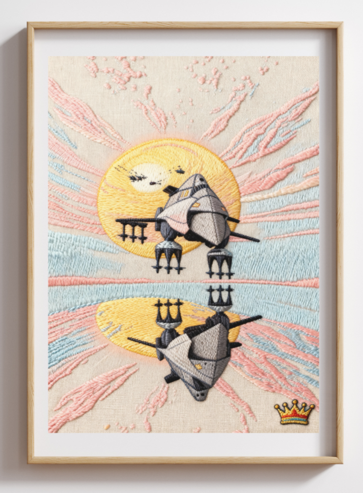 Outer Space Future Ships Mix Media Embroidered Print on Canvas 3D