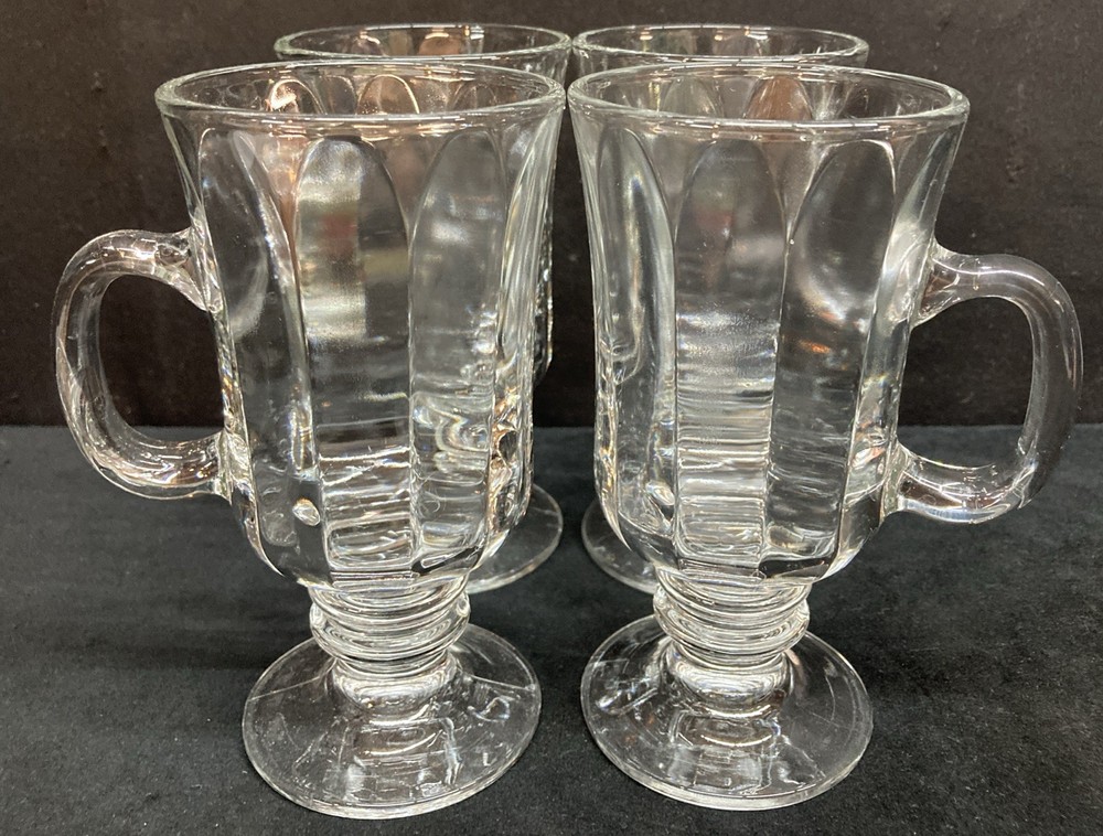 Libbey Glass Panel Irish Pedestal Footed Coffee Mugs 8oz Set of 4