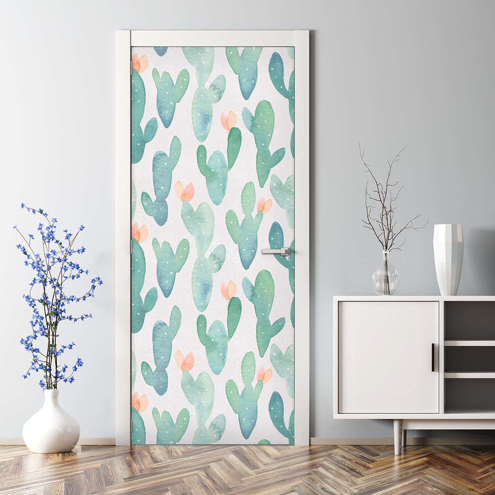 Bright Pastel Repositionable Cactus Mural Door Decal – Bubble Free