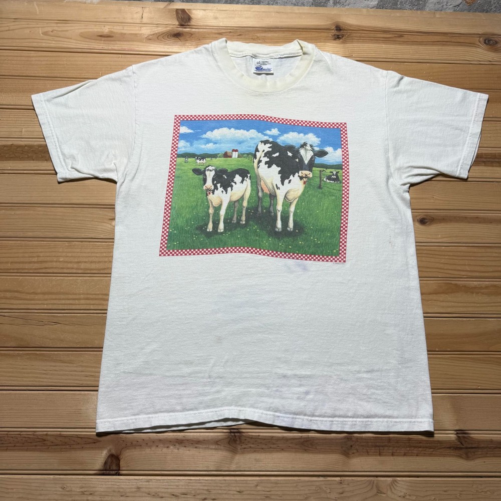 Vintage 90s Holstein Cow Farm Scene Animal Nature Graphic T-Shirt Men's Large