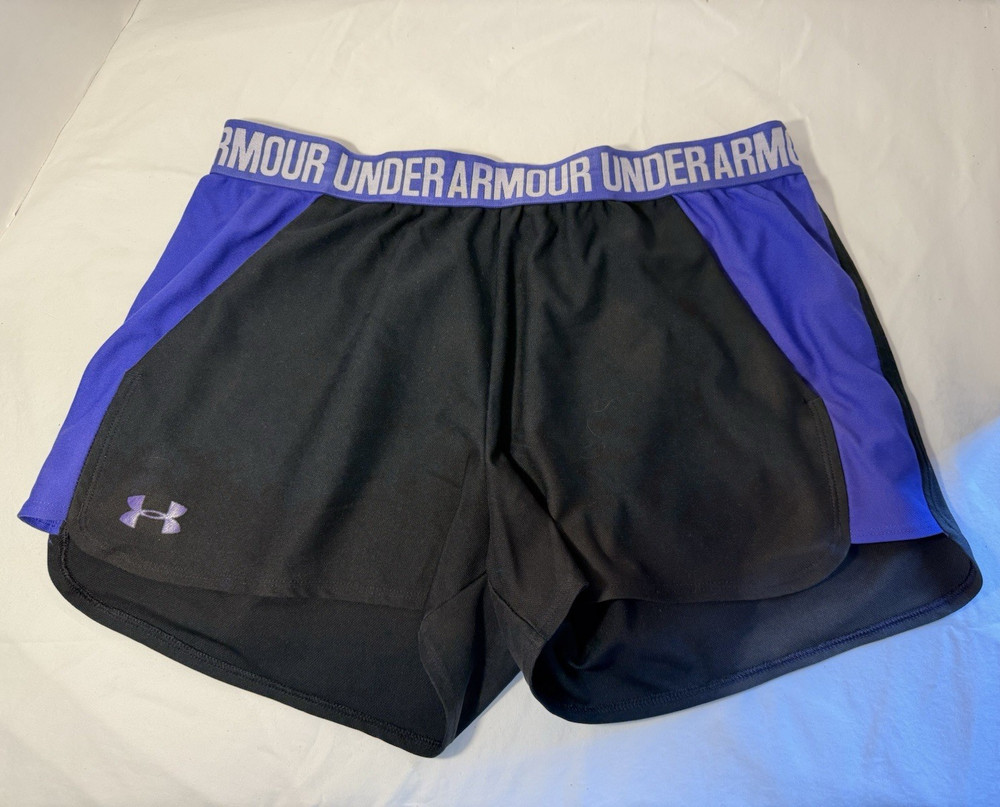 Under Armour Women’s Black/Purple Colorblock Athletic Shorts Logo Elastic Waist