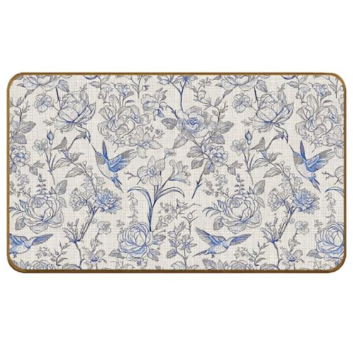 Chinoiserie Flowers Doormat,Blue and White Chinoiserie Floral Non-Slip