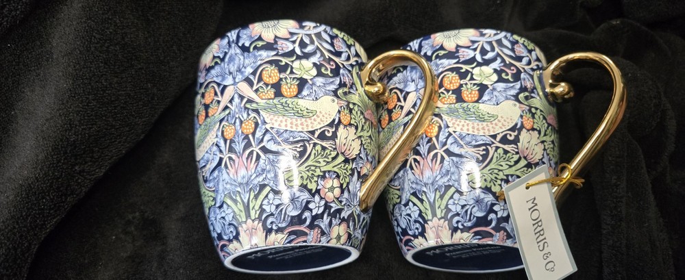 Morris & Co. Porcelain Floral Birds Mugs Set of 2, 1 Pint, Blue/Multicolor