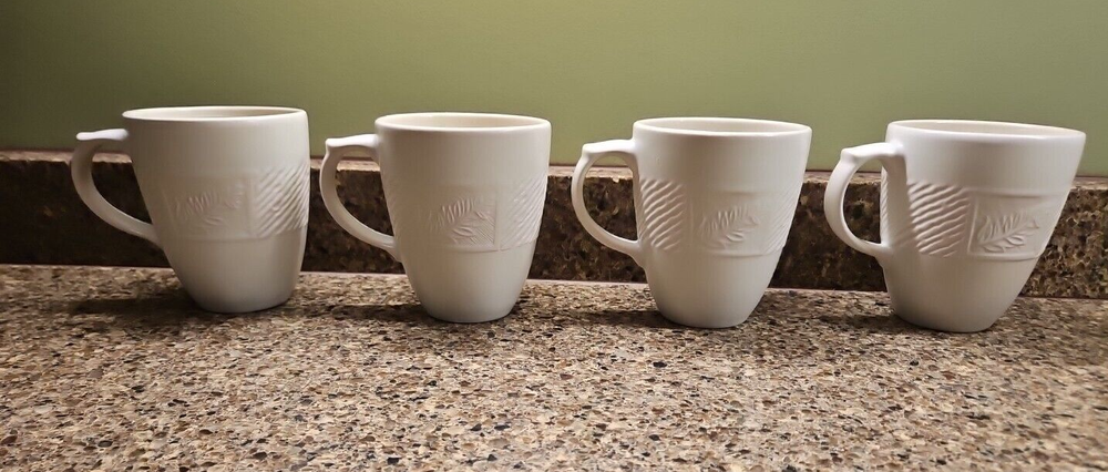 4 PFALTZGRAFF ''SIERRA'' Off White Cups Mugs 16 oz Embossed Leaves