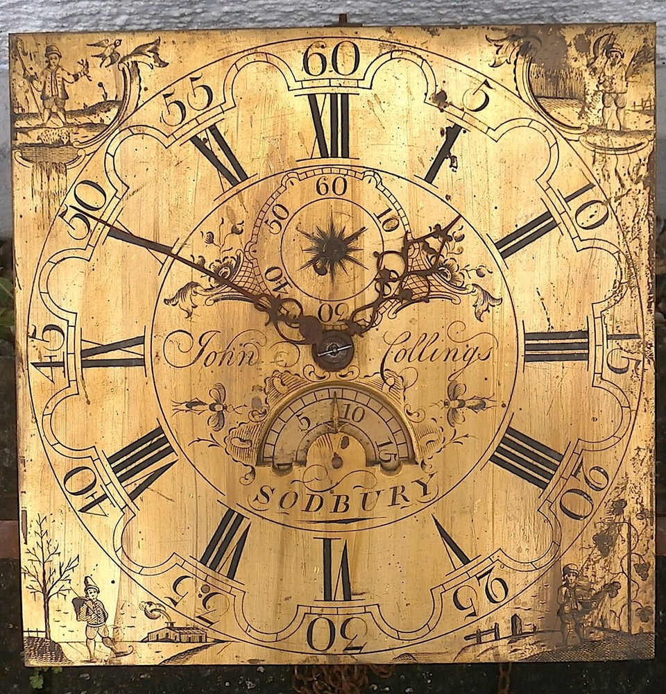 John Collins Sodbury 30hr longcase clock dial and movement 12 inch circa 1790