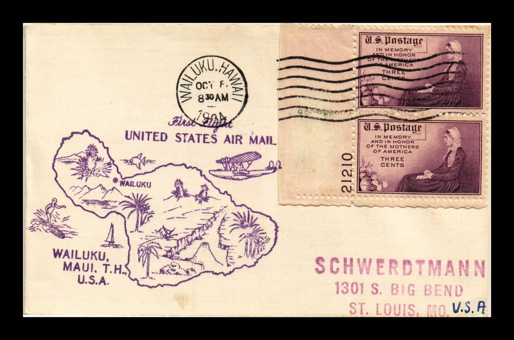 Dr Jim Stamps Us Cover First Air Mail Flight Wailuku Hawaii
