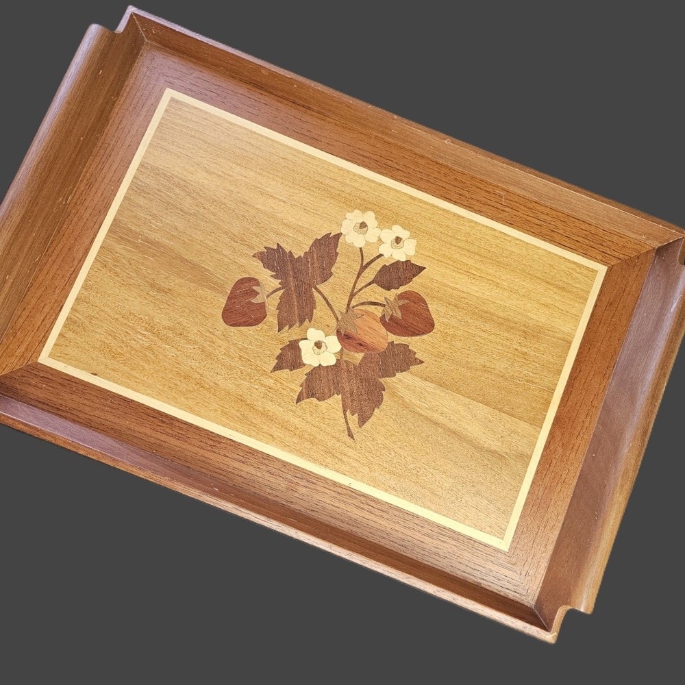 Wooden Serving Tray with Inlaid Strawberries Design 19 x 12 VTG Philippines