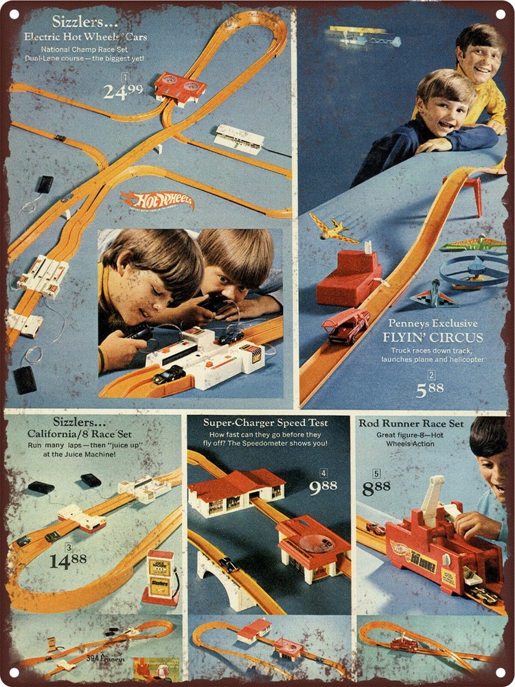 1970 Hot Wheels Race Car Set Rod Runner Circus Sizzler Metal Sign 9x12