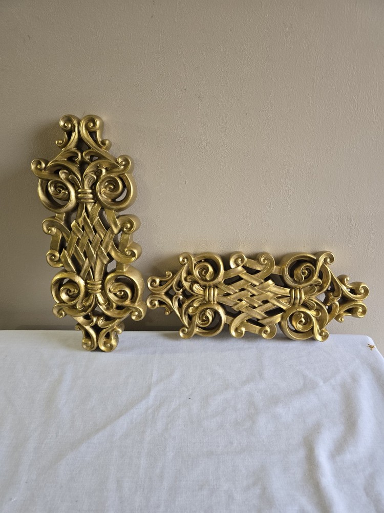 Set Of 2 Handpainted Wall Hanging Gold Scrolls Shabby French Country Cottage
