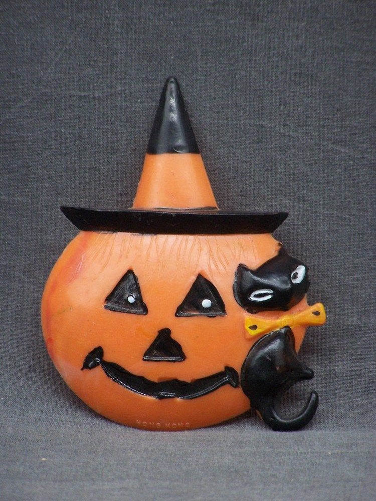 Vintage Halloween Jack O Lantern & Black Cat Hard Plastic Cake Topper Decoration