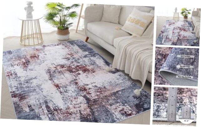 Modern Abstract Runner Rug, 4x6 Red and Grey Entryway Rug Soft 4' x 6' Red/Grey