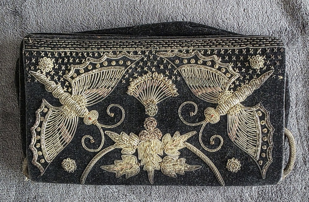 Vintage Black Velvet Embroidered Clutch Gold Floral Evening Purse Wristlet