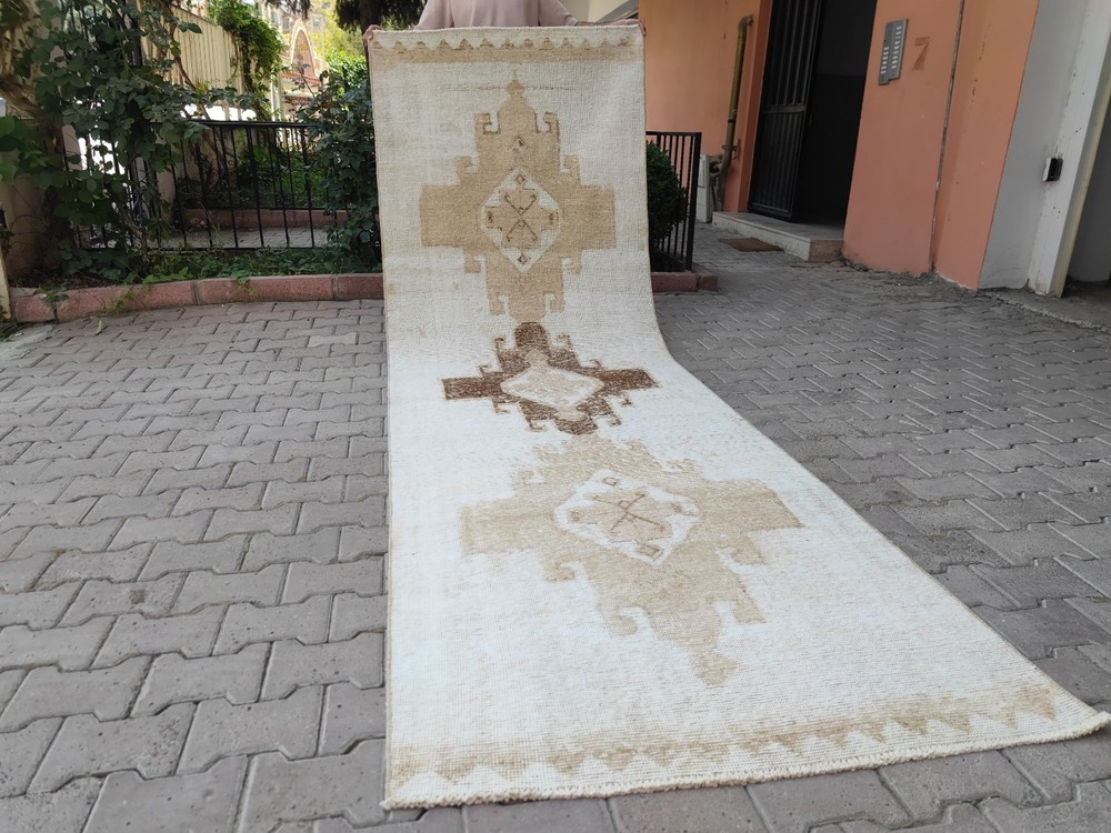 Vintage Hand-Knotted Turkish Runner Rug in 3x11 Neutral White