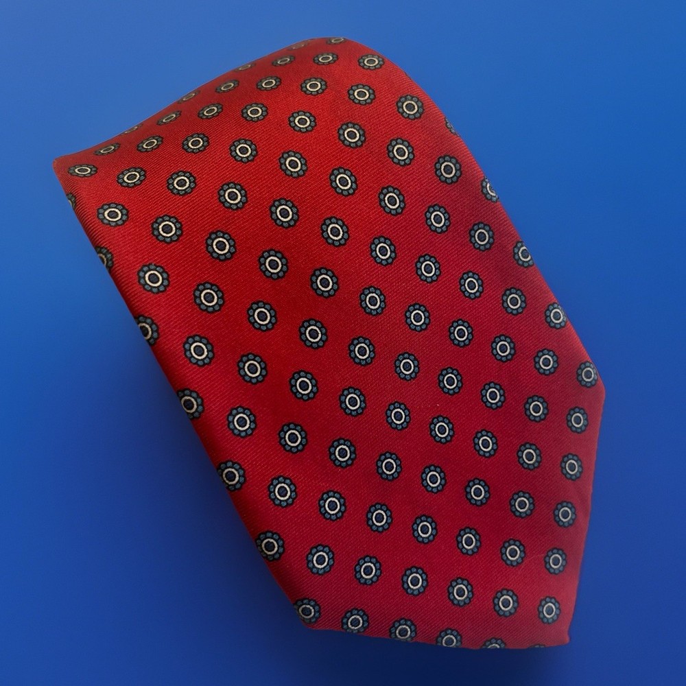 Yves Saint Laurent YSL Vintage Men Silk Neck Tie Red Floral Polka Dot 3.5” Wide