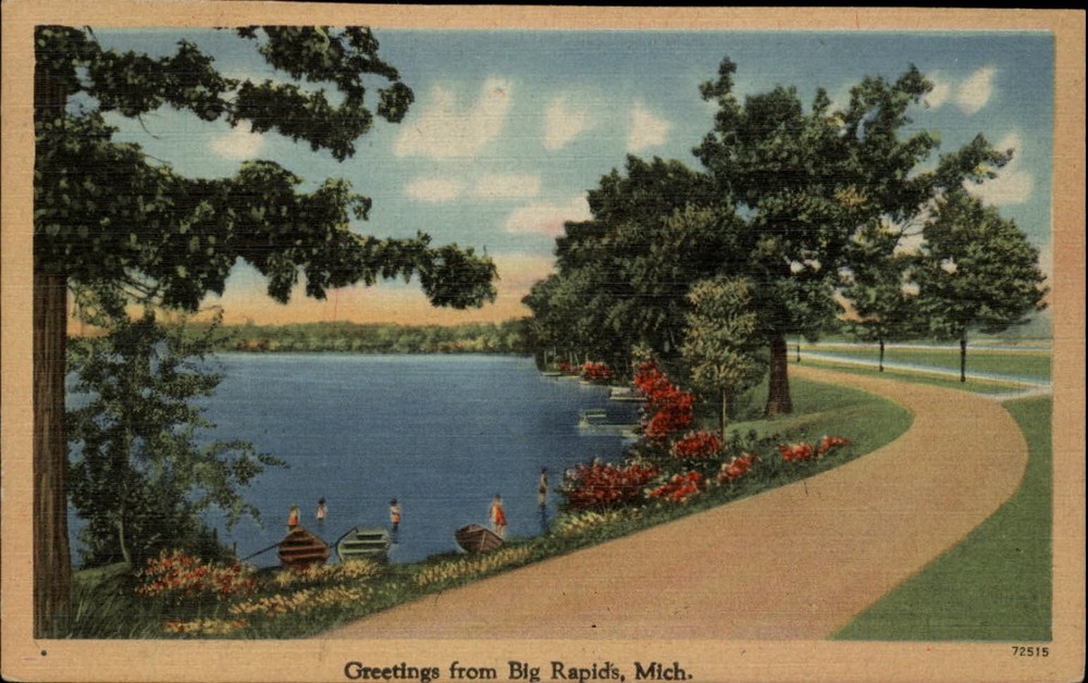 Michigan Big Rapids Greetings from lake scene boats ~ 1950 linen postcard