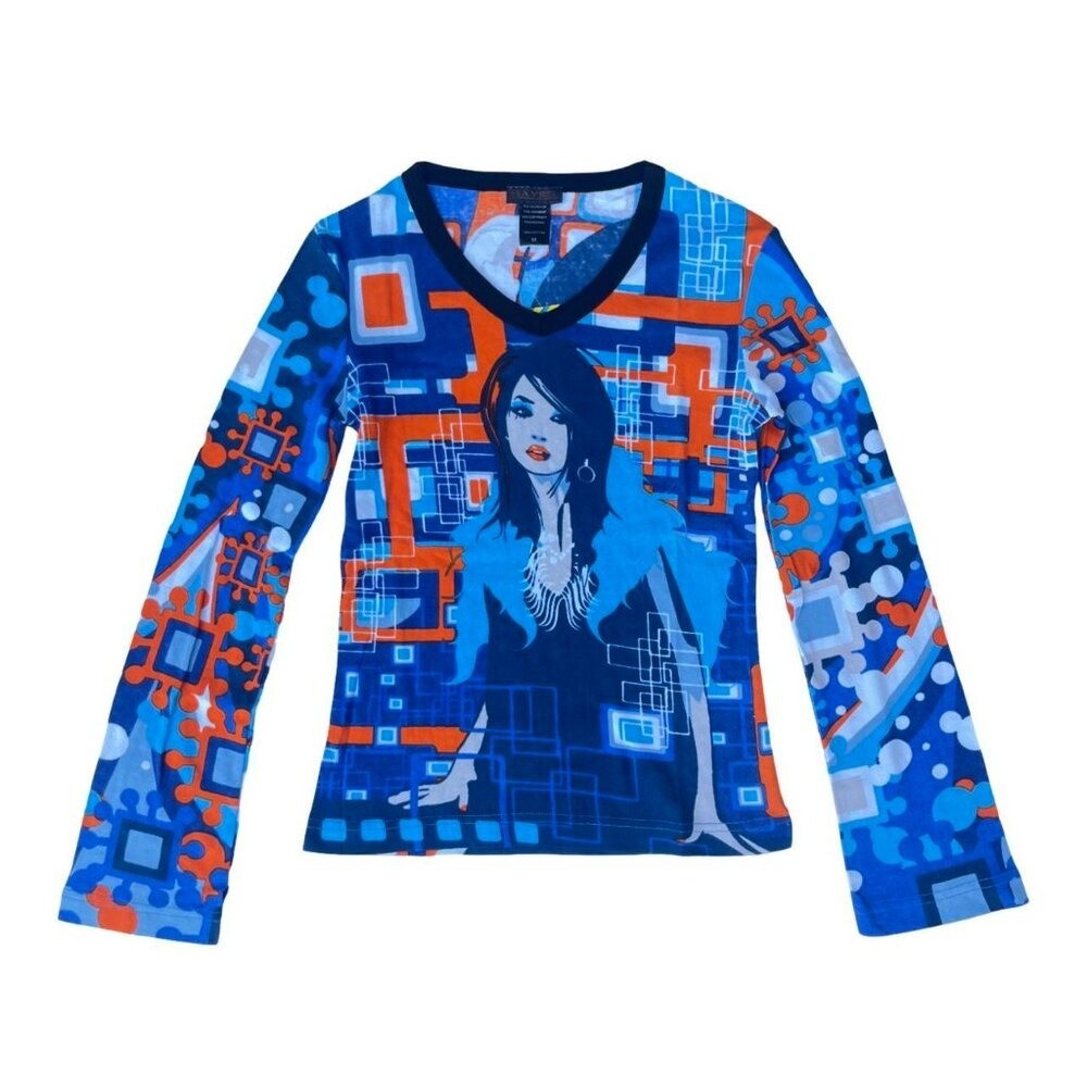 Y2K Custo Barcelona/Hayes Orange Blue Abstract Graphic Long Sleeve-image