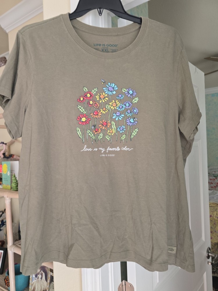 Life Is Good Women’s Olive Green Floral T-Shirt Size XXL