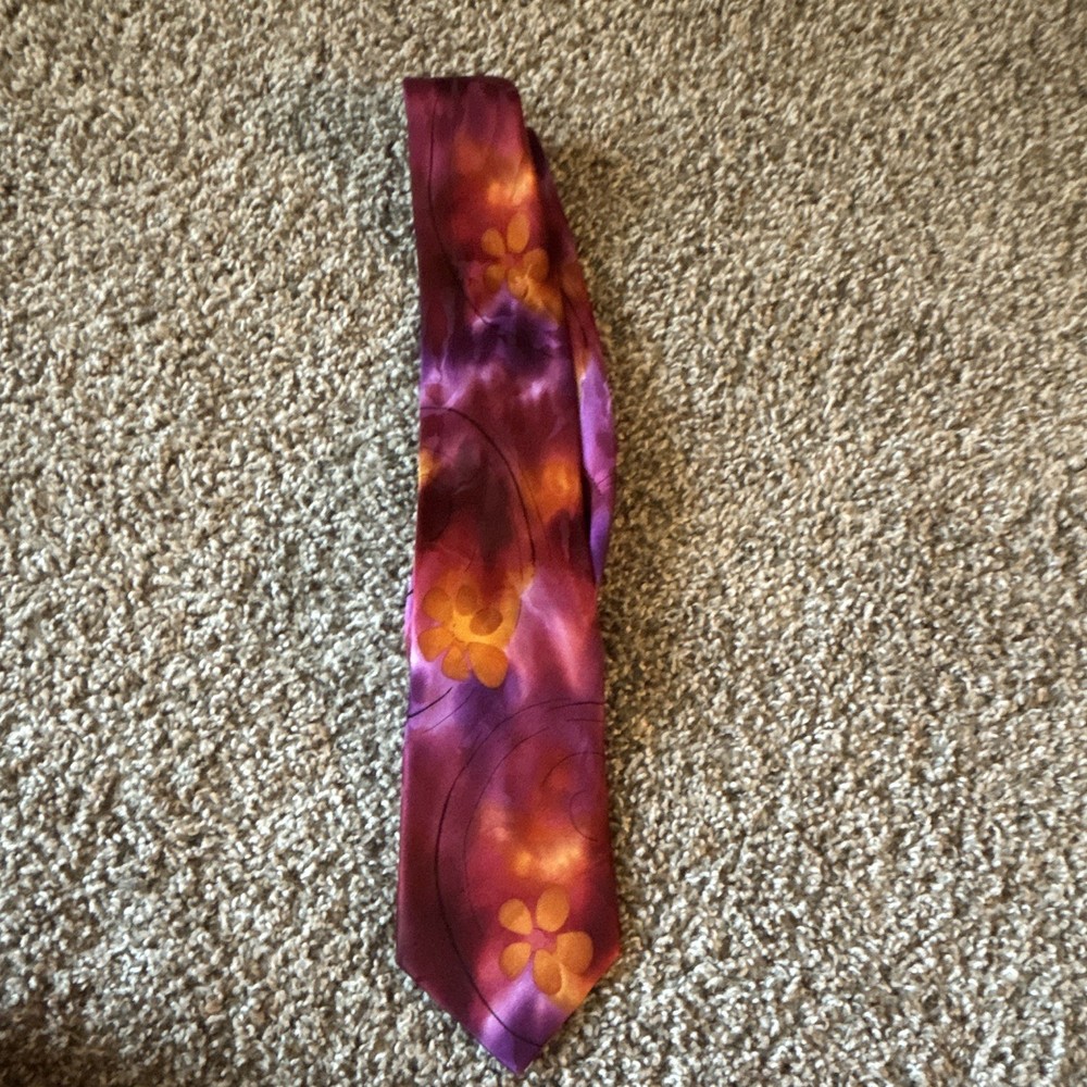 J. Garcia Men's Silk Pointed Tie Purple Orange Burgundy Floral Logo One Size