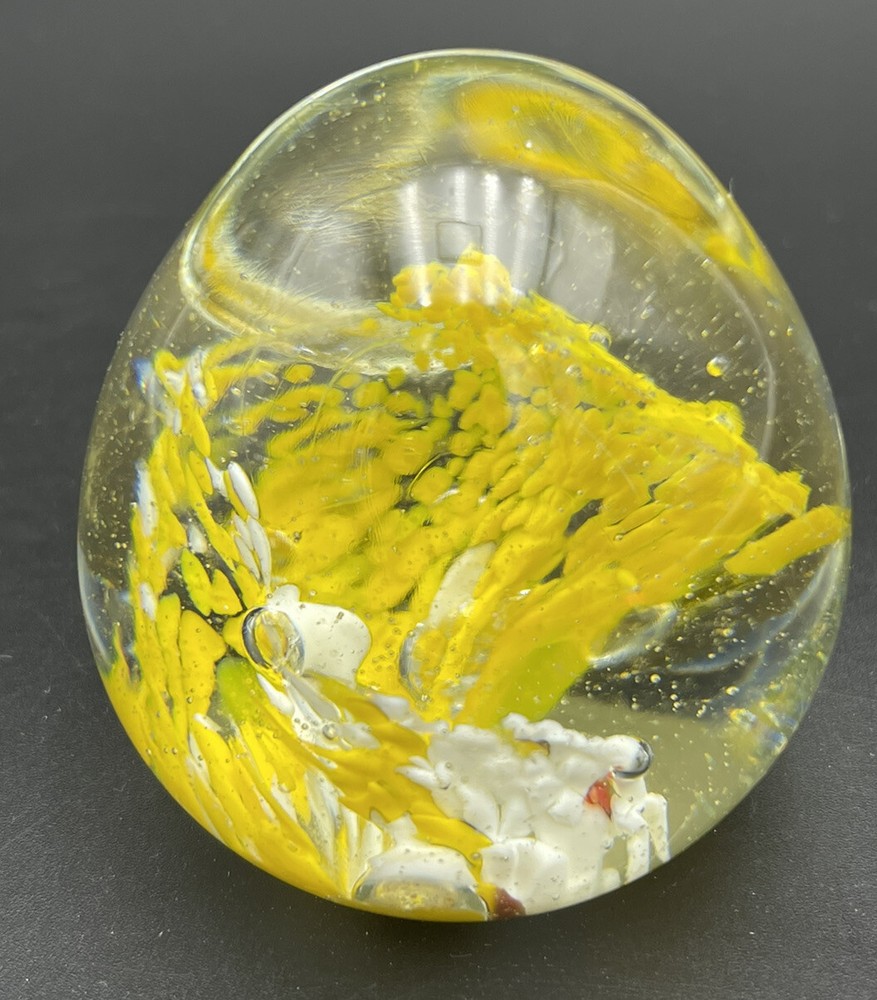 Hand Blown Art Glass Egg Shaped Paperweight Yellow Abstract with Bubbles-image