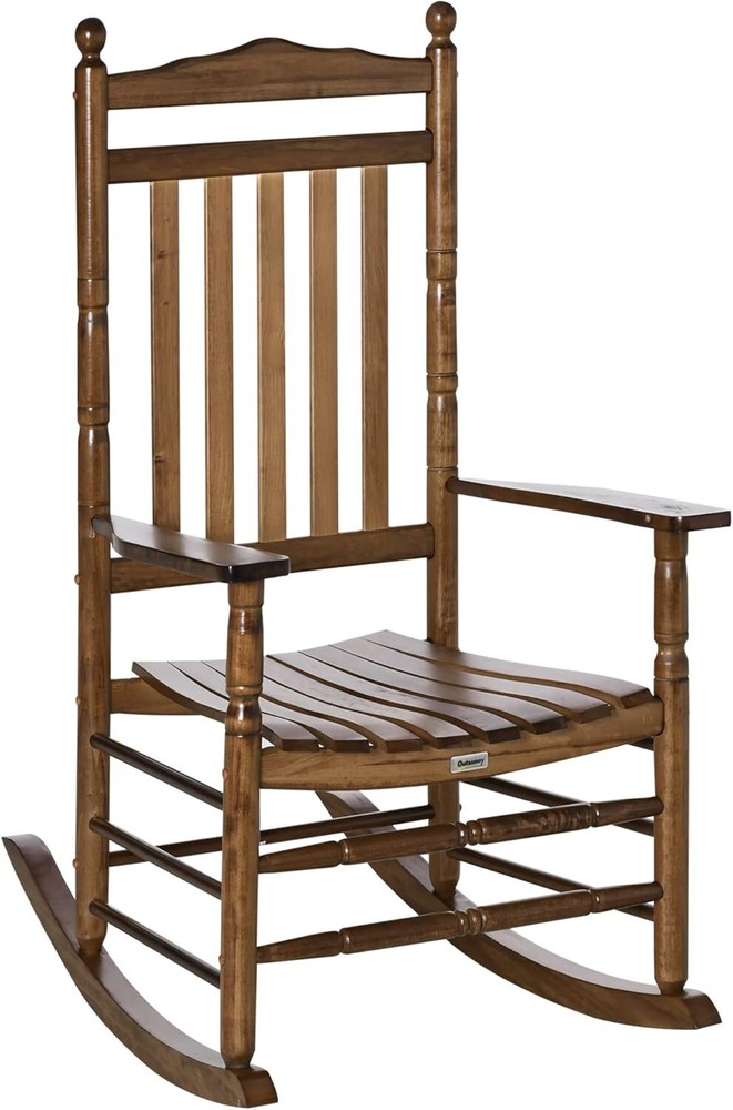 Traditional Brown Wooden High-Back Rocking Chair for Porch or Indoor Use