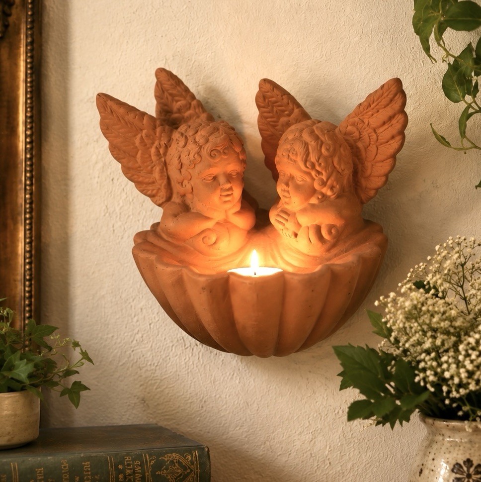 Vintage PartyLite Angel Cherub Wall Sconce Terra Cotta Tealight Holder
