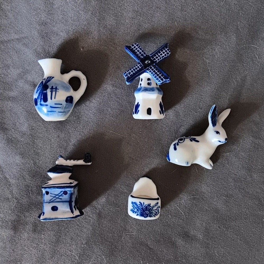 Dutch Blue and White Ceramic Figurines Set of 5 Windmill Rabbit Floral