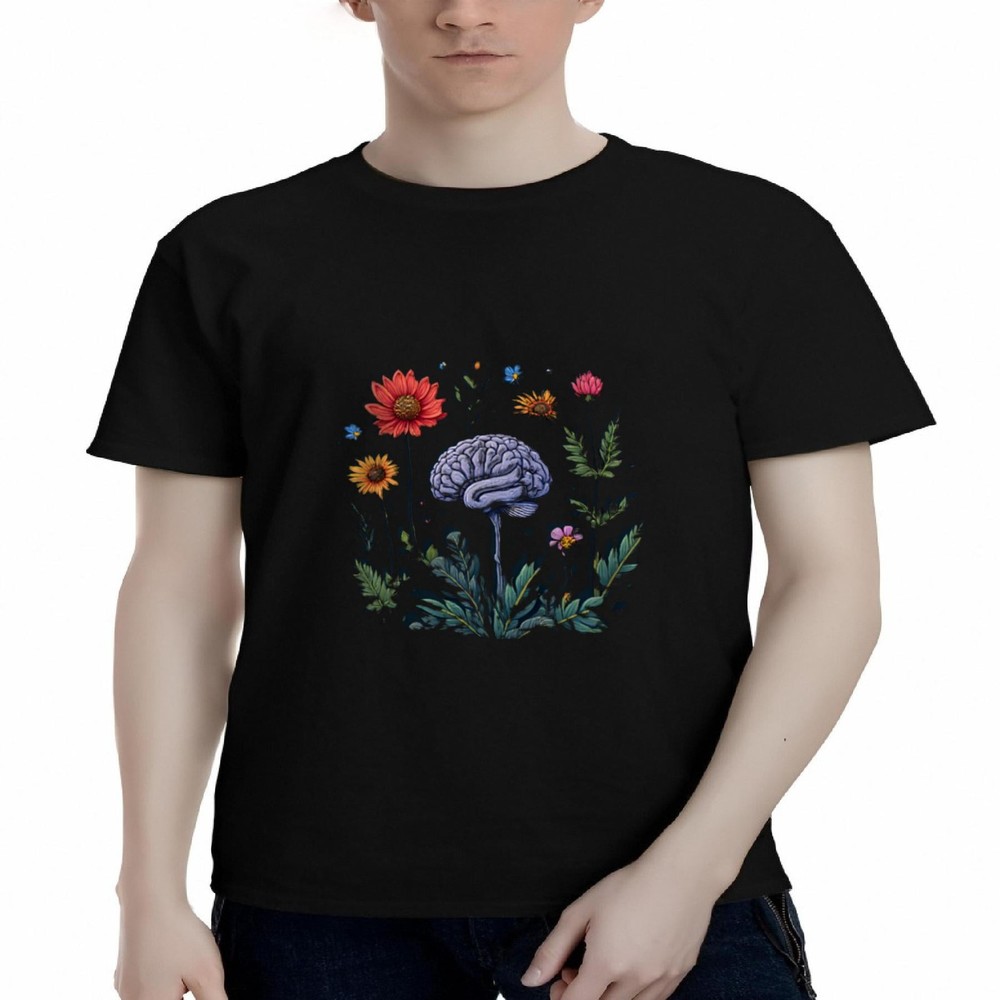 Men's Cotton Short Sleeve T-Shirt with Colorful Brain and Floral Illustration