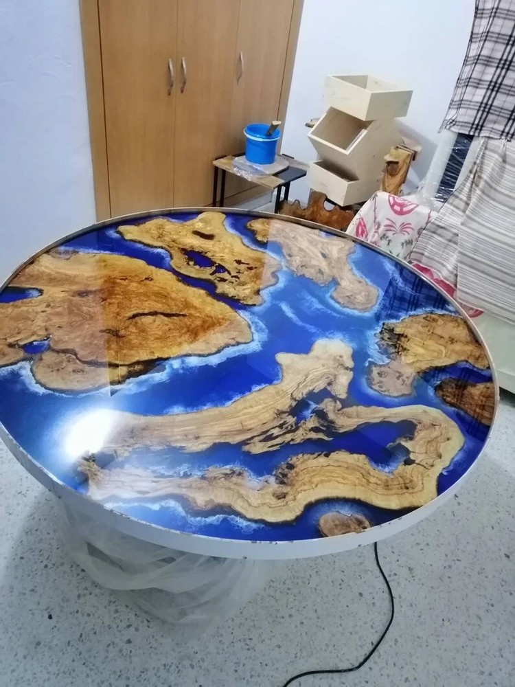 Blue Round Epoxy Resin Center Coffee Table, Handmade Furniture, Wooden Table Dec