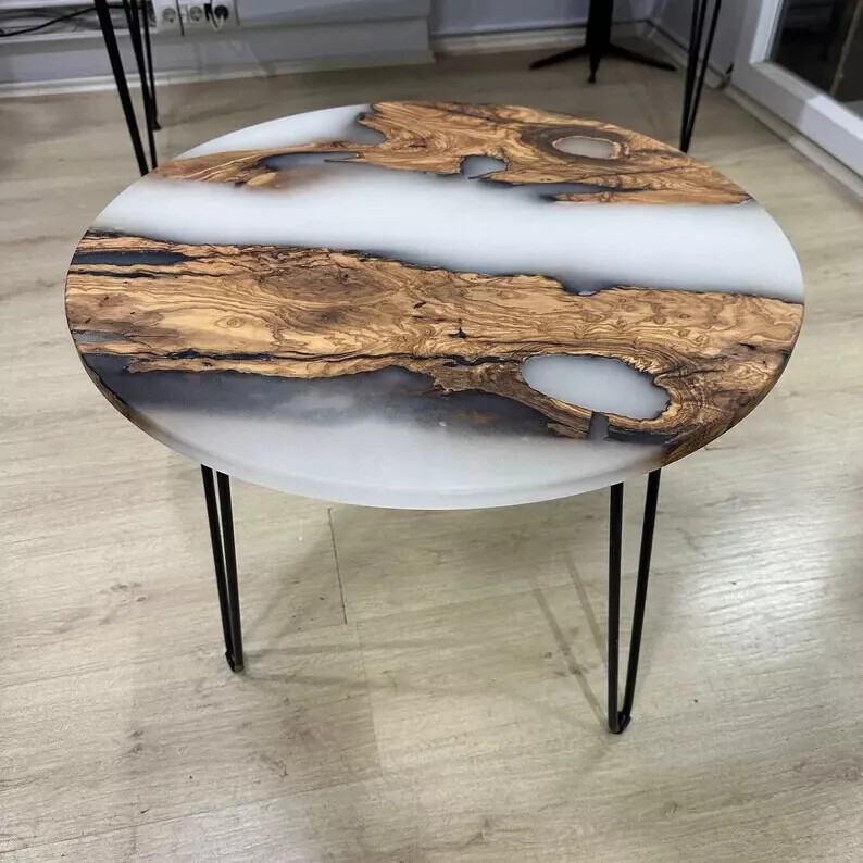 White Solid Epoxy Round Coffee Table, Modern Epoxy Side Table Furniture Decor