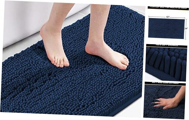 Soft Microfiber Chenille Bath Mat 24x42 Inches Navy Non-Slip Bathroom Rug