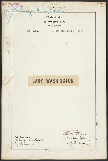 Photo:Lady Washington Cigar Box Trademark Registration 1877 W. Wicke & Co.