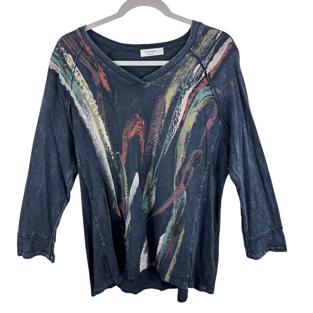 Jess & Jane Brush Stroke Art To Wear V Neck 3/4 Sleeve Tunic Top Cotton Womens L
