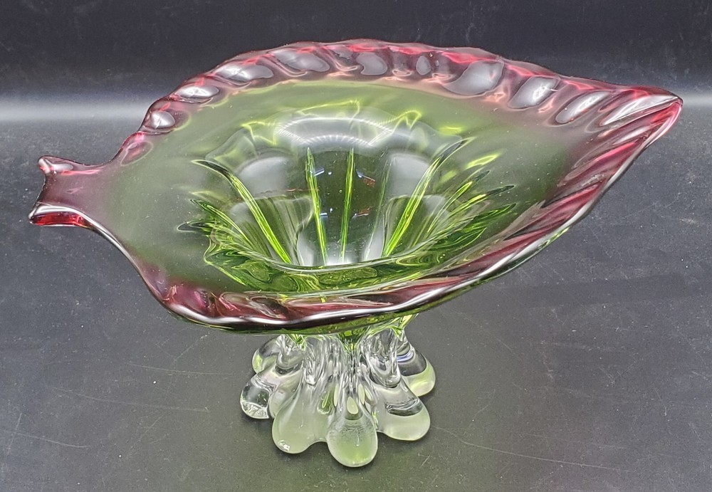 Mid Century Modern Leaf Shaped Glass Pedestal Bowl Centerpiece