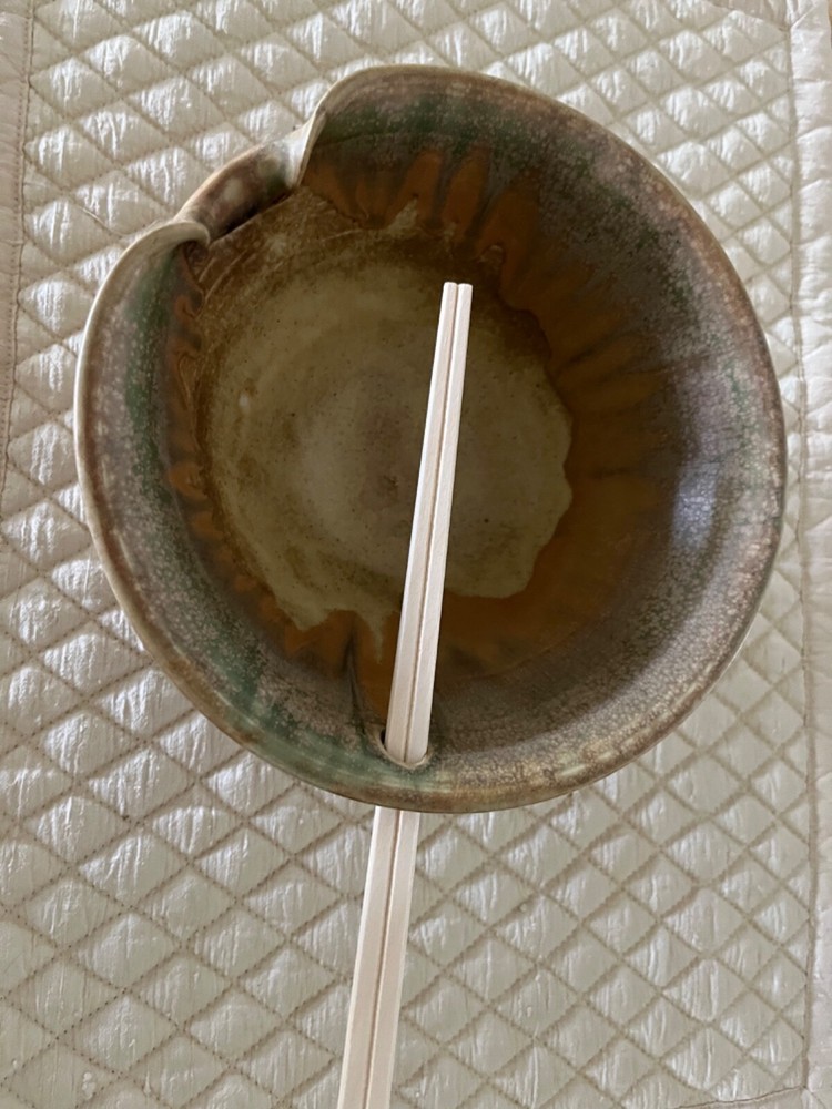 Handcrafted Asian Pottery Bowl with Chopstick Rest Signed Artist NWOT