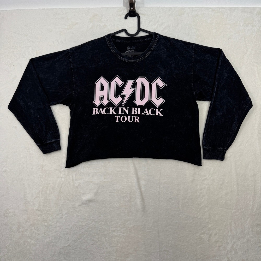 AC/DC Graphic T-Shirt Womens M Black Back In Black Tour Cropped Mineral Wash Tee