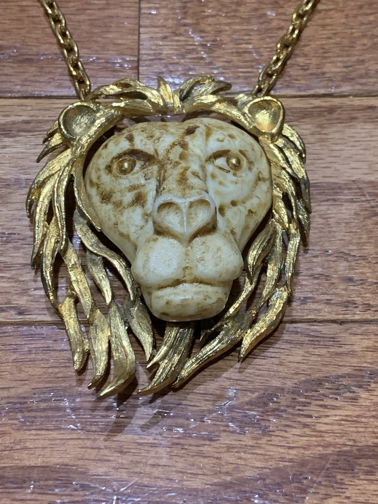 Luca Razza Lion Head Necklace Large Gold Tone Statement Pendant Vintage 70s